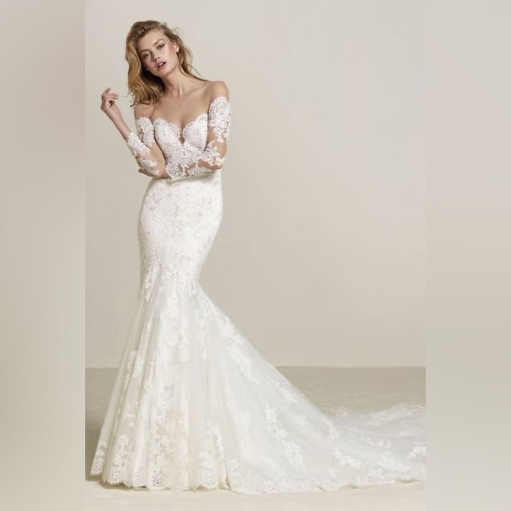 Pronovias Ivory Off-Shoulder Lace Mermaid Wedding Dress
